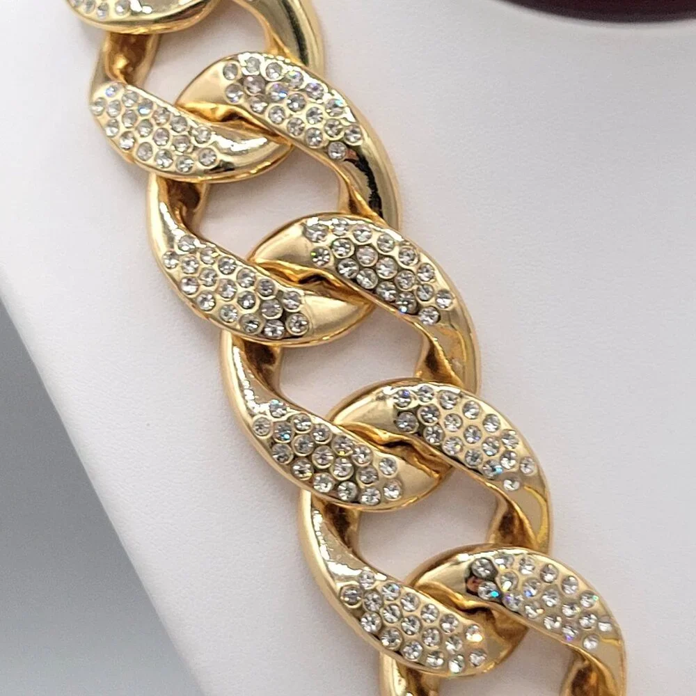Gold Tone Linking Chain Rhinestone Studded Bib Necklace Collar Length Chunky - Picture 6 of 8